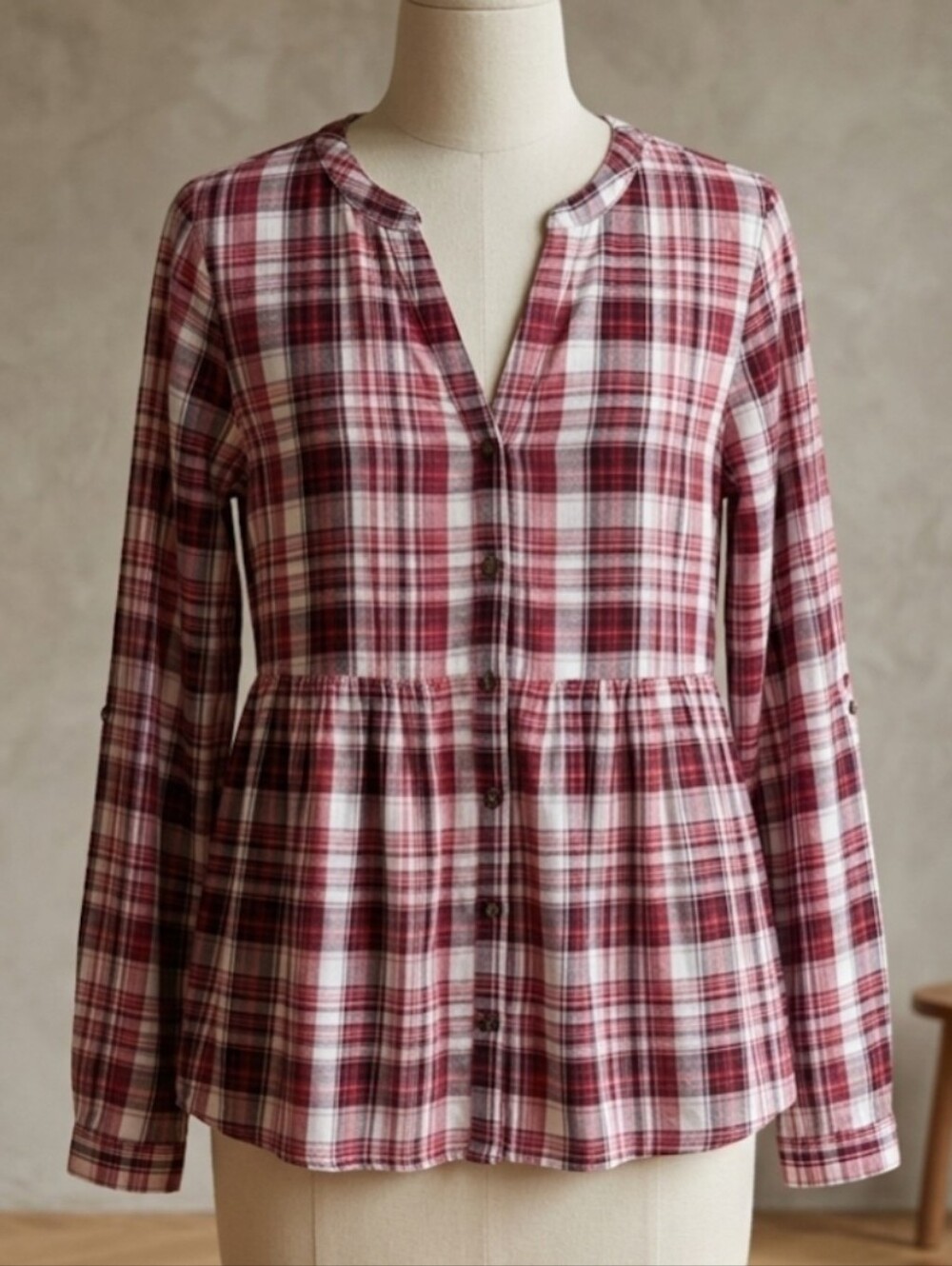Maurices Red Plaid Babydoll Peasant Top Tunic Boho Peplum Medium Cottagecore